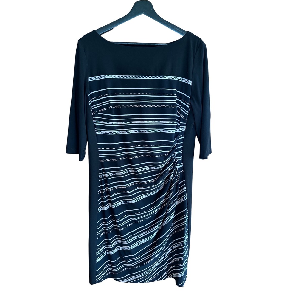 Chaps Womens XL Black White Striped Ruched Sheath Dress 3/4 Sleeve Boat Neck
